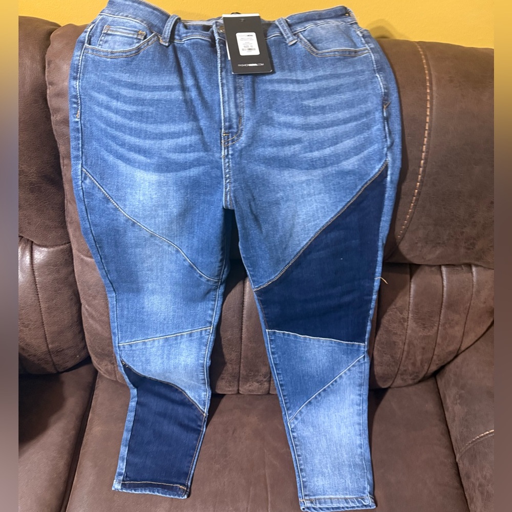 Fashion Nova Blue Patchwork Skinny Jeans